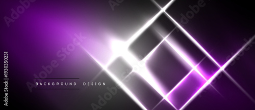 Dark background features vibrant purple, white lines forming geometric shapes. Bright glow emanates from central intersection. Modern design element.