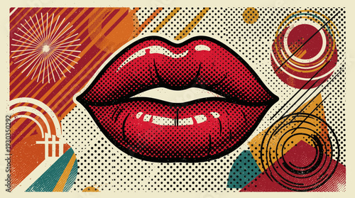 Retro Halftone Vector Abstract Female Lips Set, Vintage Pop Art Style Mouth Expressions