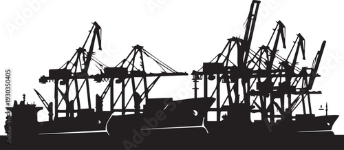 Commercial shipping port cranes vector silhouette illustration line art industrial harbor