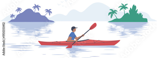 Minimalist kayaking scene illustration, man paddling red kayak on calm lake, tropical islands landscape adventure travel vector