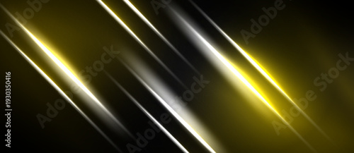 Abstract design features diagonal lines, bright yellow highlights, dark background. Metallic texture creates dynamic visual effect.