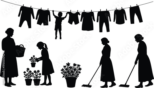 Silhouette of women and children doing household chores, hanging laundry, cleaning floor, gardening flowers, vintage vector art illustration