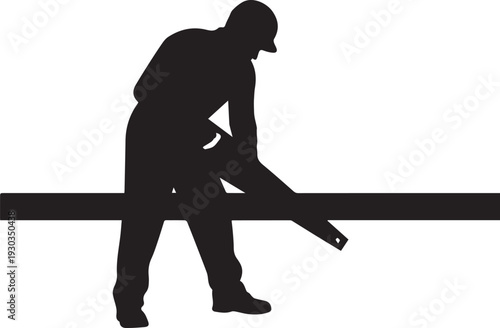 Construction worker silhouette vector illustration cutting wood beam with saw for building