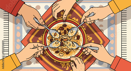 Top view of five hands with spoons taking sweet dessert from large bowl, family sharing festive dish on colorful rug, celebration meal