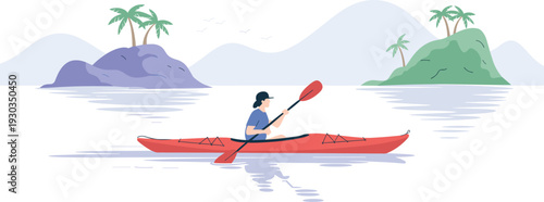 Minimalist kayaking illustration, woman paddling red kayak on calm lake, tropical island landscape adventure travel vector scene