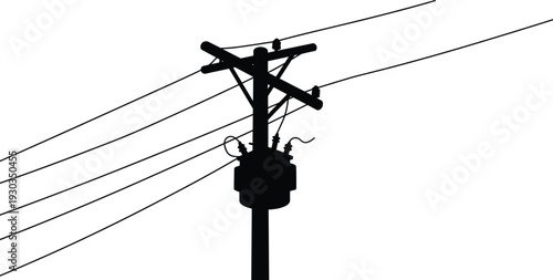 Silhouette of utility electric pole, vector power lines illustration, black transformer on pole, high voltage transmission infrastructure graphic design