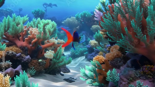 Tropical fish swimming through a vibrant coral reef ecosystem with colorful corals and a sandy seabed in clear blue water