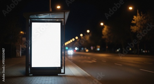 Illuminated Bus Shelter Mockup Presenting Blank Ad Space On Urban Pavement With Blurred Night Traffic
