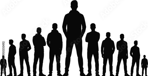 Silhouette of diverse men standing in a row by height, symbolizing human growth, corporate hierarchy, leadership development, and team demographic diversity.