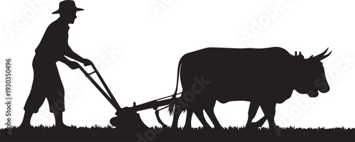 Farmer plowing field with bull vector silhouette illustration, traditional agriculture, line art
