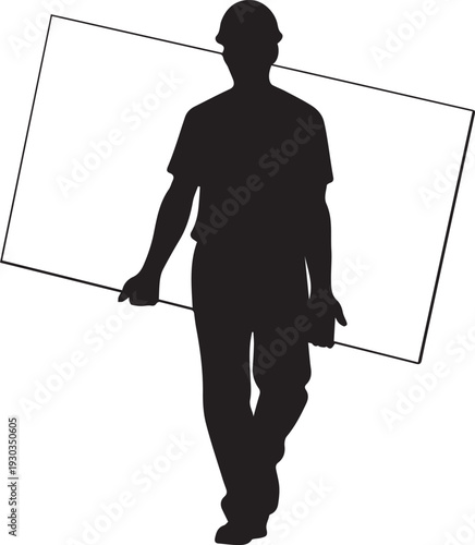 Industrial worker silhouette carrying large glass pane panel in vector line art graphics
