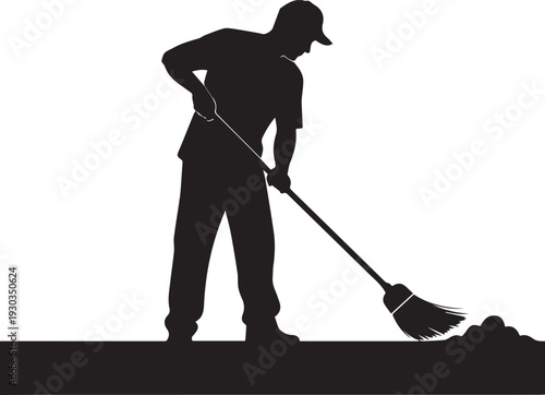 Man sweeping silhouette, vector illustration of cleaner at work, line art cleanup graphic