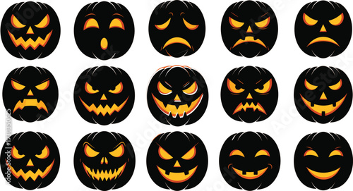 Halloween Pumpkin Faces Collection, Spooky and Fun Carved Jack-O'-Lanterns Illustration