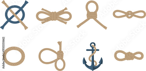 Nautical rope knots collection, sailor ties, anchor rope design, maritime loops, decorative marine symbols set
