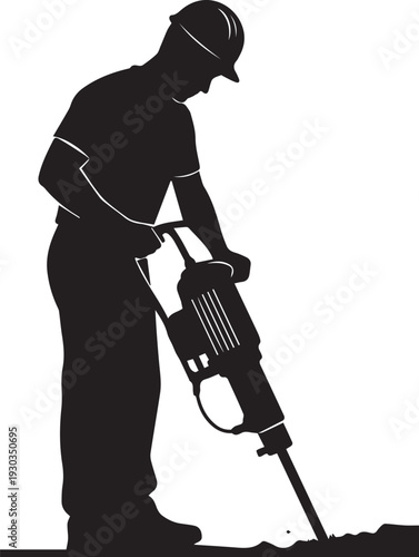 Professional construction worker with jackhammer vector silhouette illustration line art