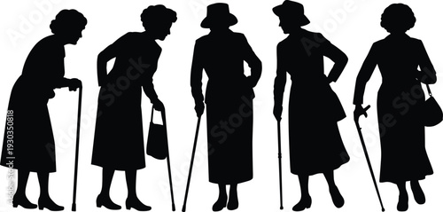 Elderly,women,silhouettes,vector,illustration,senior,people,walking,canes,old,age,retirement,health,care,aging,concept