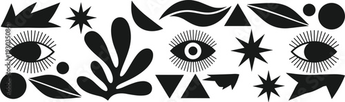 Abstract modern vector illustration featuring minimalist black organic shapes, botanical leaves, celestial stars, and surreal eye symbols on a clean white background for creative design.