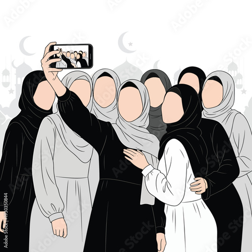 Group of muslim women taking selfie with smartphone, celebrating eid al-fitr in modest attire and hijabs