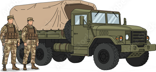 Military Soldiers and Army Truck Illustration, Camouflage Uniform with Military Vehicle