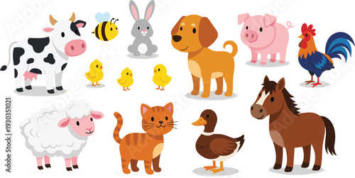 Cute Farm Animals and Insects Illustration: Cow, Dog, Rabbit, Pig, Rooster, and More