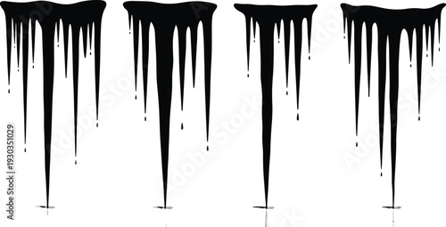 Black ink drips and melting paint silhouettes collection set on white background for edgy gothic liquid splash design and creative artistic borders