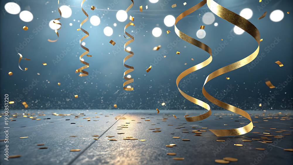 Obraz premium A dark room with gold confetti and ribbons falling from the ceiling