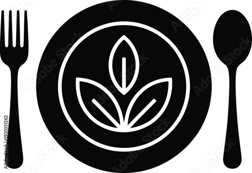 Vector illustration of vegetarian food icon showing plate with leaves, fork and spoon, symbolizing plant-based dining, healthy eating, eco lifestyle.