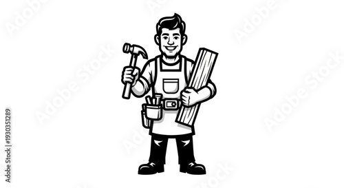 Carpenter with Hammer and Wooden Plank.