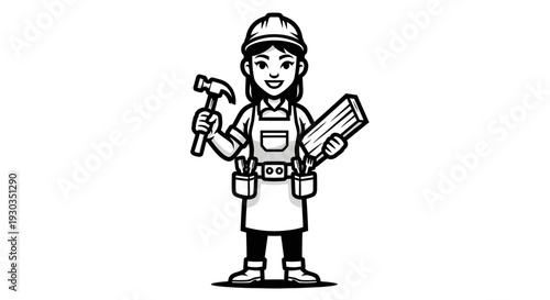 Cartoon Builder Holding Hammer and Plans.