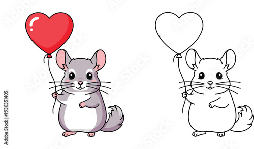 Cute cartoon chinchilla holding a red heart balloon with black and white line art version for coloring book page. Vector illustration.