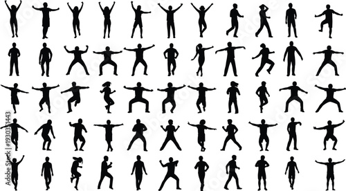 Large collection of diverse person silhouettes in various active poses including dancing jumping walking and standing for inclusive community group or fitness design projects