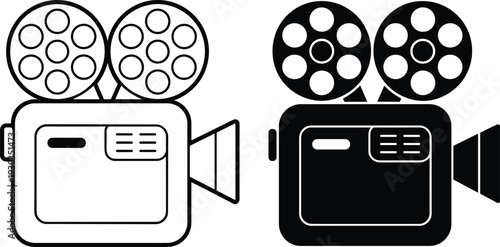 Vector illustration of vintage film cameras with reels, outline and silhouette design, classic movie equipment artwork, retro cinema concept, filmmaking icon.