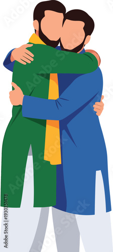 Two men in traditional clothing hugging warmly, showing friendship and solidarity, representing cultural connection and brotherhood during festive occasions