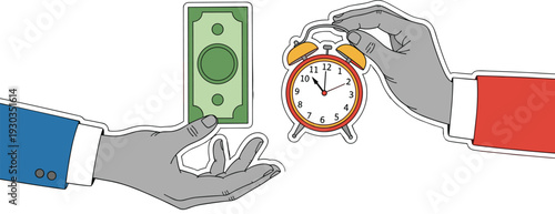 Time is money concept illustration, business hands exchanging alarm clock and cash, deadline, productivity, financial management, vector design