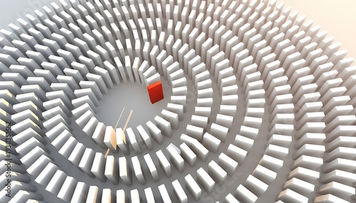 Domino blocks in circular spiral pattern with one red tile standing out, abstract 3D render for leadership and disruption featuring dominoes, tiles, circle with background and 3d illustration