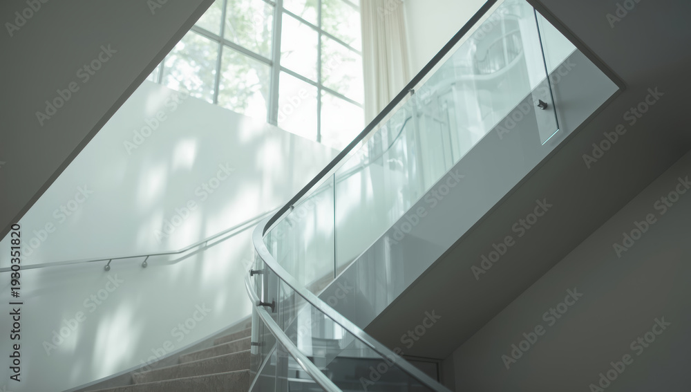 Obraz premium Modern curved glass staircase with soft natural light and shadow play