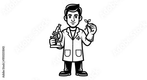 Cartoon Scientist Holding Beaker and Test Tube.