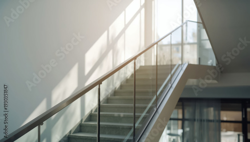 Modern interior staircase with glass railing and sunlight casting soft shadows