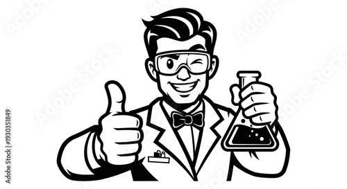 Cartoon Scientist Holding Beaker and Giving Thumbs Up.