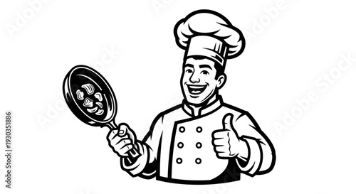 Chef Cooking with Frying Pan Illustration.