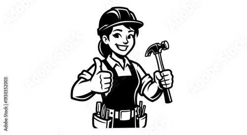 Female Construction Worker Holding Hammer and Thumbs Up.