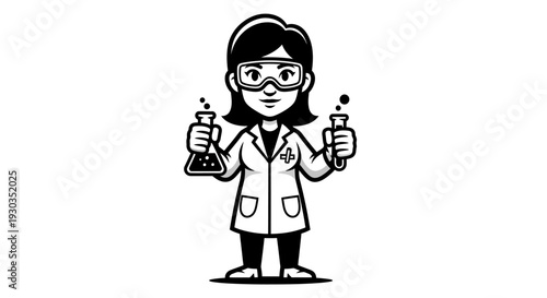 Female Scientist Cartoon Character with Lab Equipment.