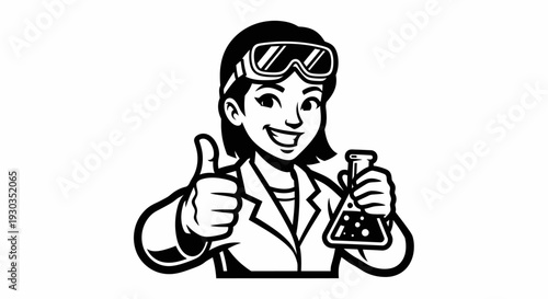 Female Scientist Holding Beaker and Thumbs Up.