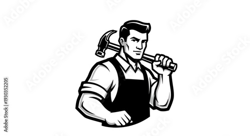 Man Wearing Apron Holding Hammer.