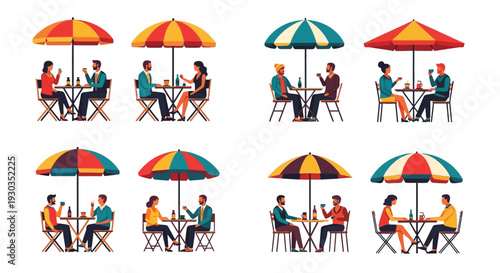 People enjoying meals at outdoor cafes under colorful striped umbrellas