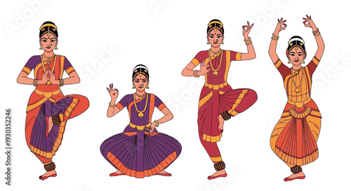 Four bharatanatyam dancers depicted in colorful traditional attire and poses