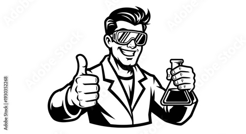 Scientist in Lab Coat and Goggles Holding Flask.