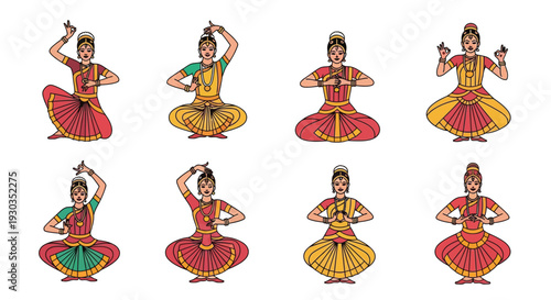 Illustrations of indian women performing classical bharatanatyam dance poses