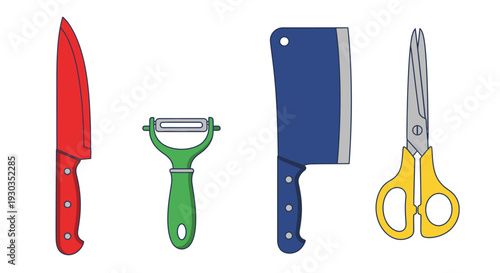 A colorful illustration depicting various kitchen cutting tools