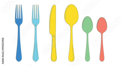 Colorful flatware illustration featuring forks a knife and multiple spoons